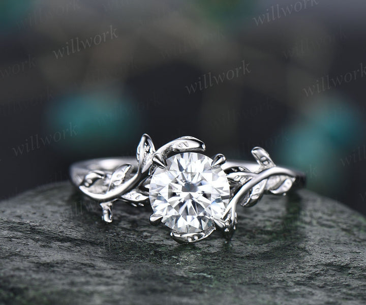 Vintage 1ct round cut moissanite engagement ring yellow gold art deco leaf five stone diamond anniversary promise wedding ring women gift
