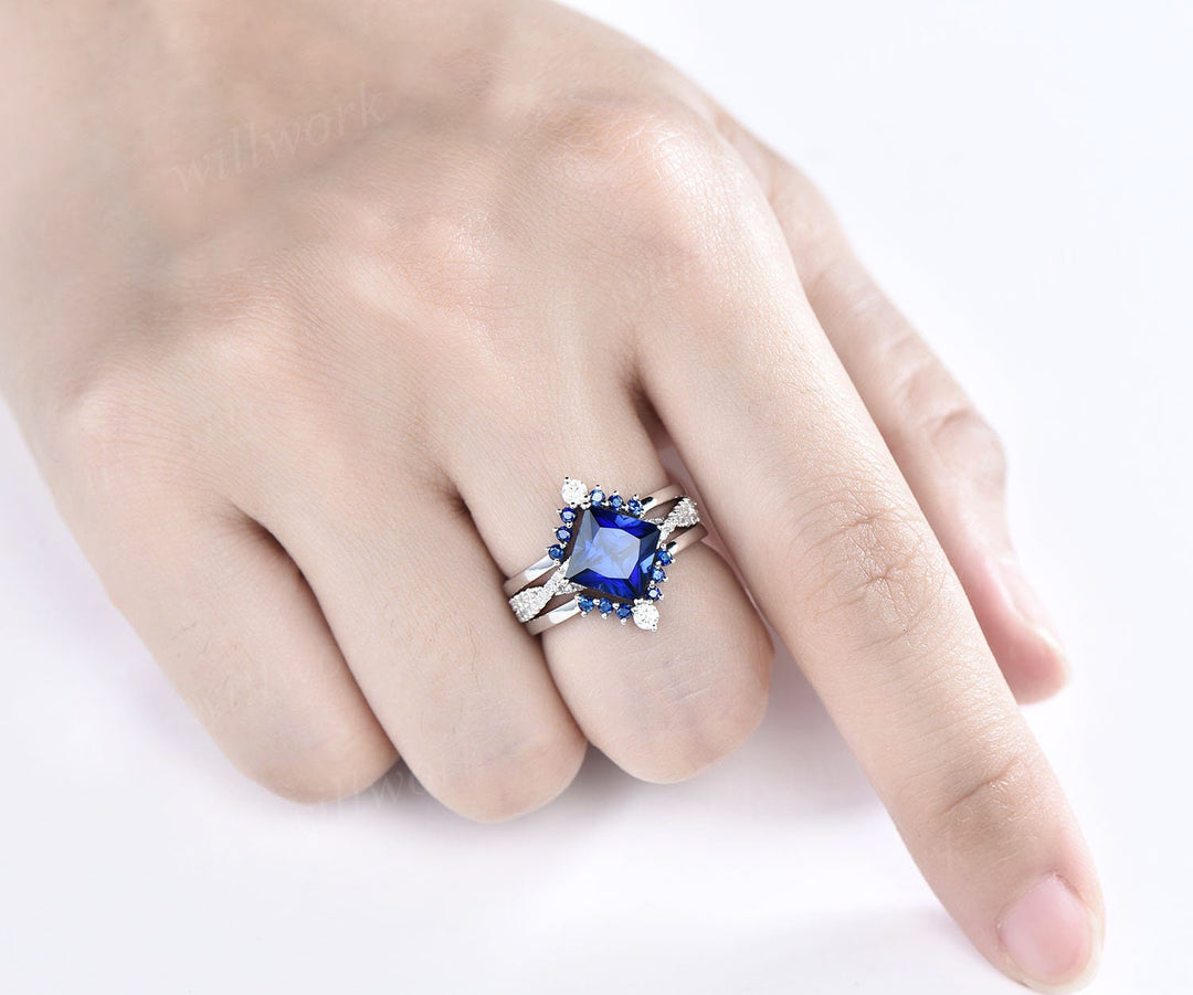 3pcs sapphire bridal ring set unique princess cut sapphire engagement ring set white gold vintage infinity diamond ring dainty for women
