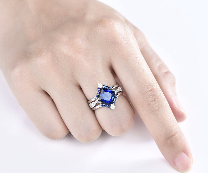 3pcs sapphire bridal ring set unique princess cut sapphire engagement ring set white gold vintage infinity diamond ring dainty for women