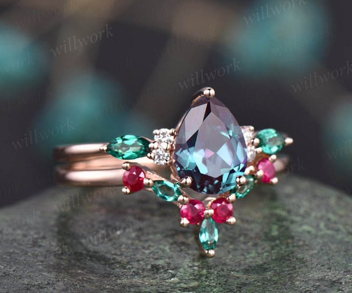 Pear Alexandrite engagement ring set art deco emerald ring set natural ruby ring real diamond ring vintage rose gold unique bridal ring set