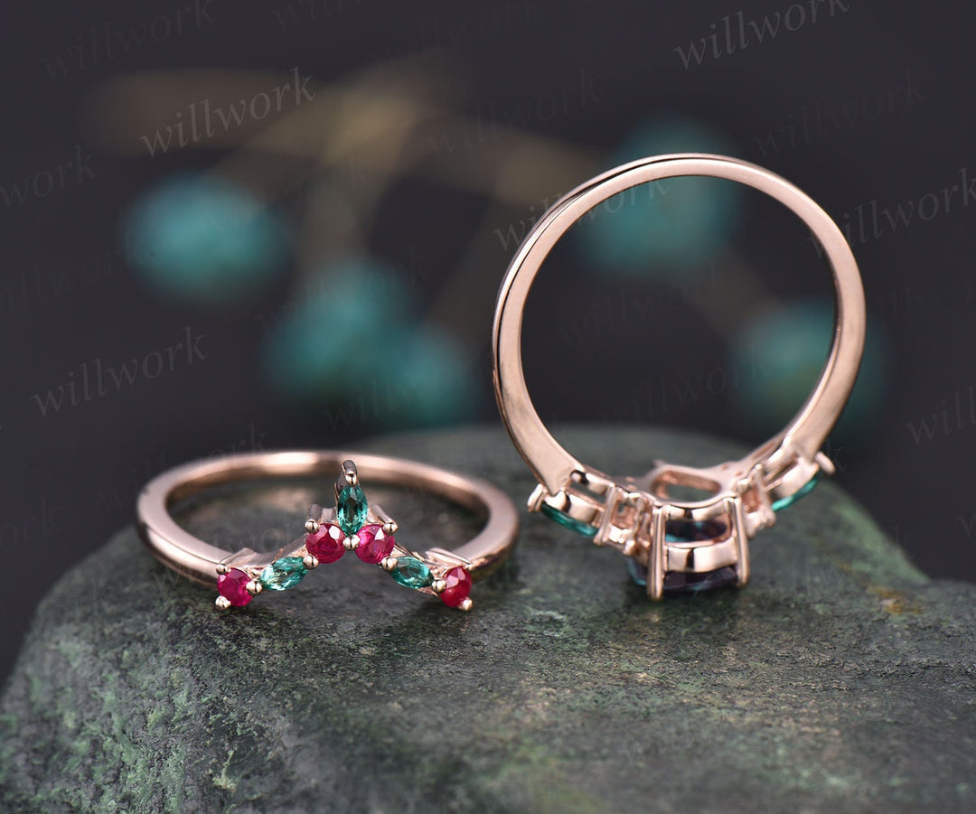 Pear Alexandrite engagement ring set art deco emerald ring set natural ruby ring real diamond ring vintage rose gold unique bridal ring set