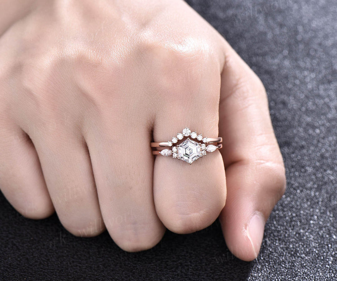 Hexagon moissanite engagement ring set rose gold art deco wedding ring set marquise ring setting prong custom ring dainty bridal ring set