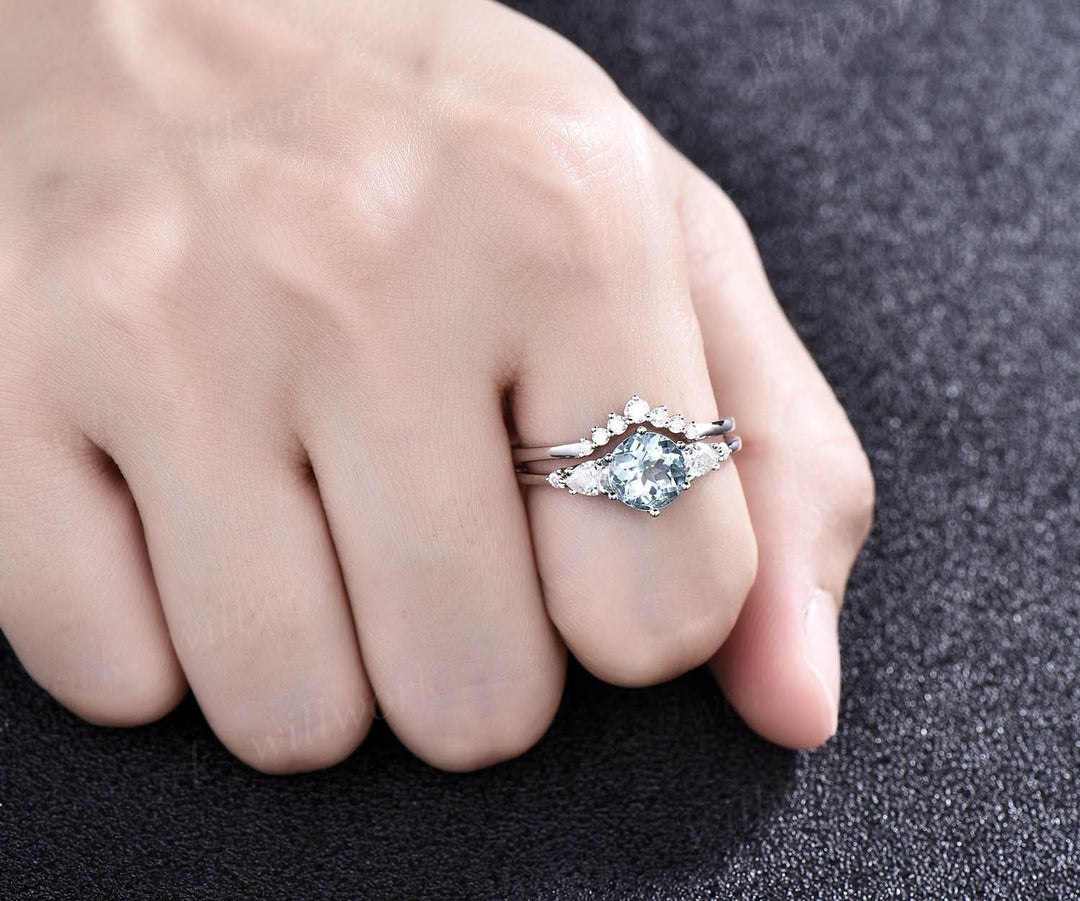 Unique aquamarine wedding ring set vintage aquamarine engagement ring set five stone pear moissanite promise ring set March birthstone ring