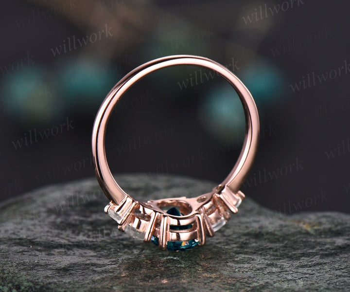 Minimalist oval Labradorite engagement ring five stone moonstone ring 14k rose gold bridal ring unique blue gemstone ring for women