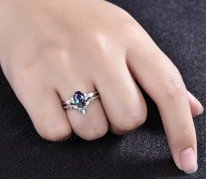 Unique engagement ring set oval cut Alexandrite engagement ring set vintage rose gold ring set cluster marquise ring moissanite ring set