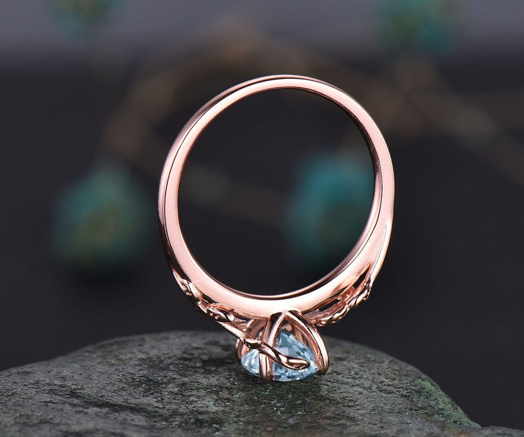 Vintage aquamarine ring for women unique round aquamarine engagement ring leaf flower rose gold solitaire ring antique dainty wedding ring