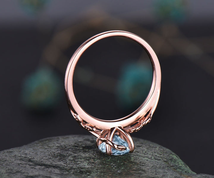Vintage aquamarine ring for women unique round aquamarine engagement ring leaf flower rose gold solitaire ring antique dainty wedding ring