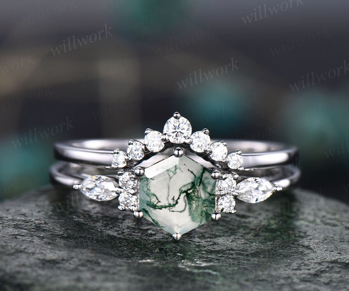 Green moss agate ring set gold silver vintage hexagon moss agate engagement ring set art deco ring women 7 stone moissanite wedding ring set