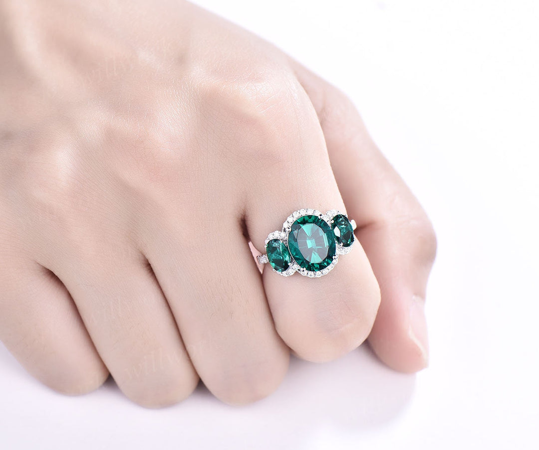 8x10mm oval cut emerald engagement ring vintage emerald ring rose gold halo moissanite bridal May birthstone promise anniversary ring women