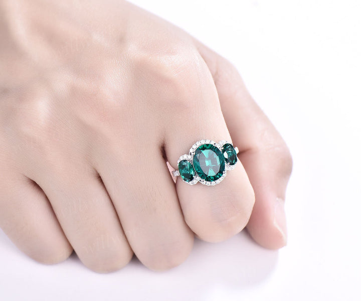 8x10mm oval cut emerald engagement ring vintage emerald ring rose gold halo moissanite bridal May birthstone promise anniversary ring women