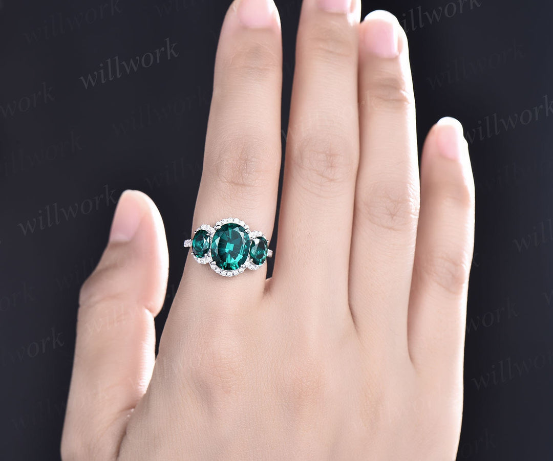 8x10mm oval cut emerald engagement ring vintage emerald ring rose gold halo moissanite bridal May birthstone promise anniversary ring women