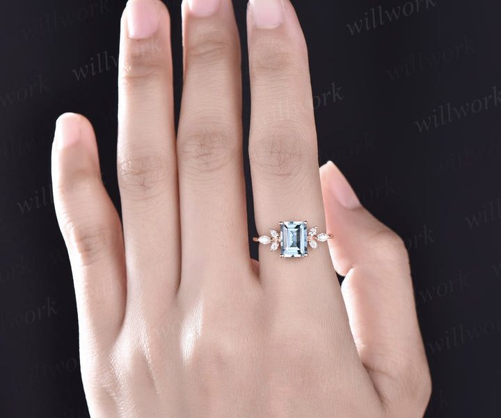 Vintage aquamarine ring gold women emerald cut aquamarine engagement ring art deco dainty flower marquise moissanite wedding promise ring