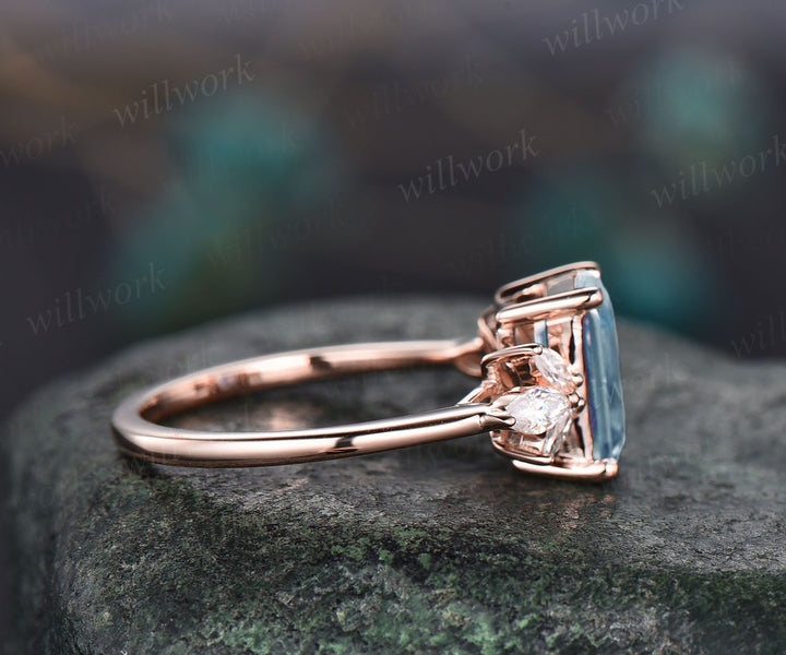 Vintage aquamarine ring gold women emerald cut aquamarine engagement ring art deco dainty flower marquise moissanite wedding promise ring