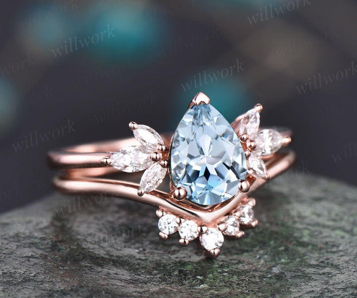 Vintage aquamarine bridal ring set Pear aquamarine engagement ring set art deco rose gold ring unique moissanite wedding ring set women gift