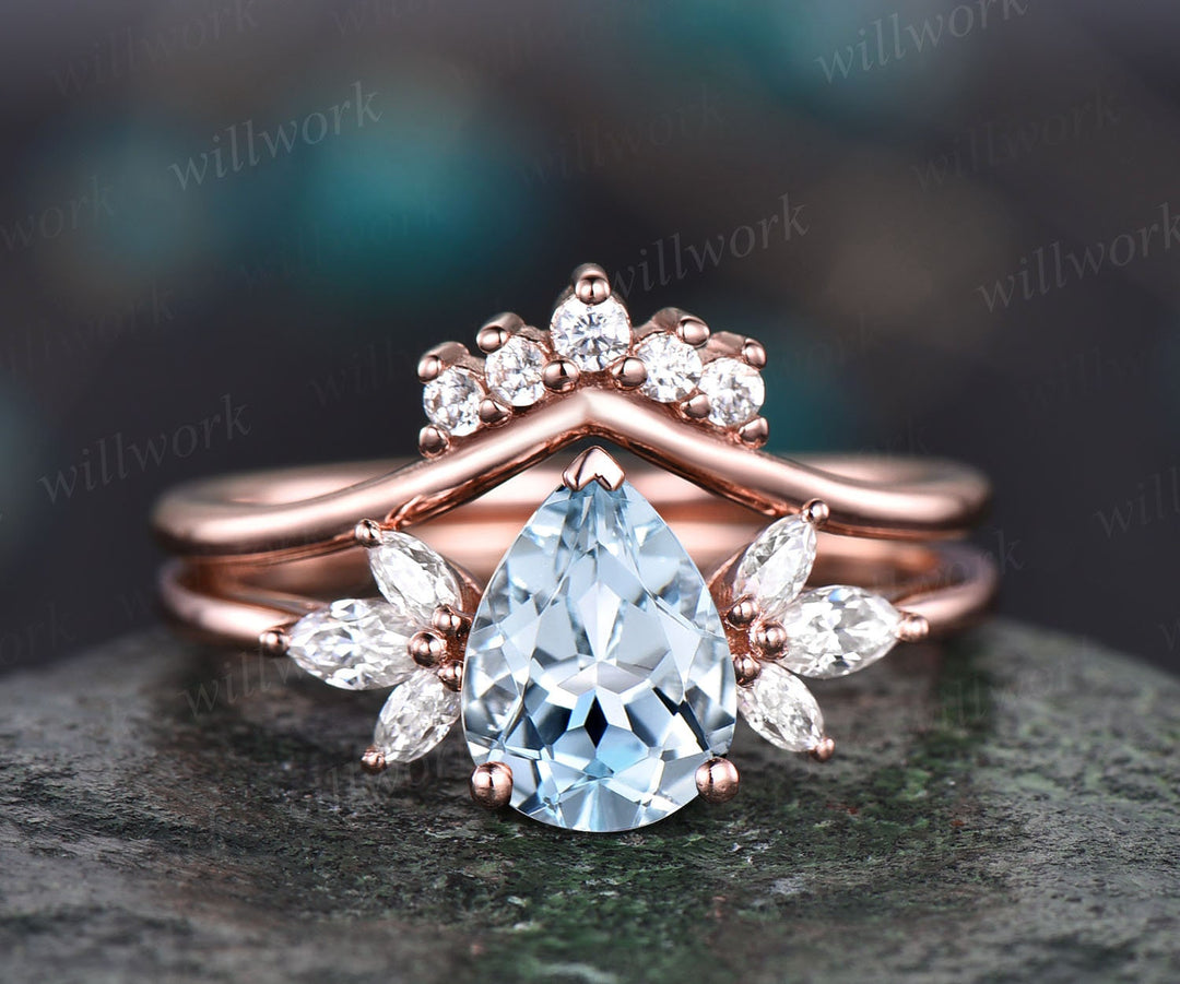 Vintage aquamarine bridal ring set Pear aquamarine engagement ring set art deco rose gold ring unique moissanite wedding ring set women gift