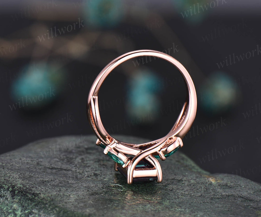 Unique emerald cut Alexandrite engagement ring art deco cluster marquise emerald ring for women 14k rose gold silver infinity twisted ring