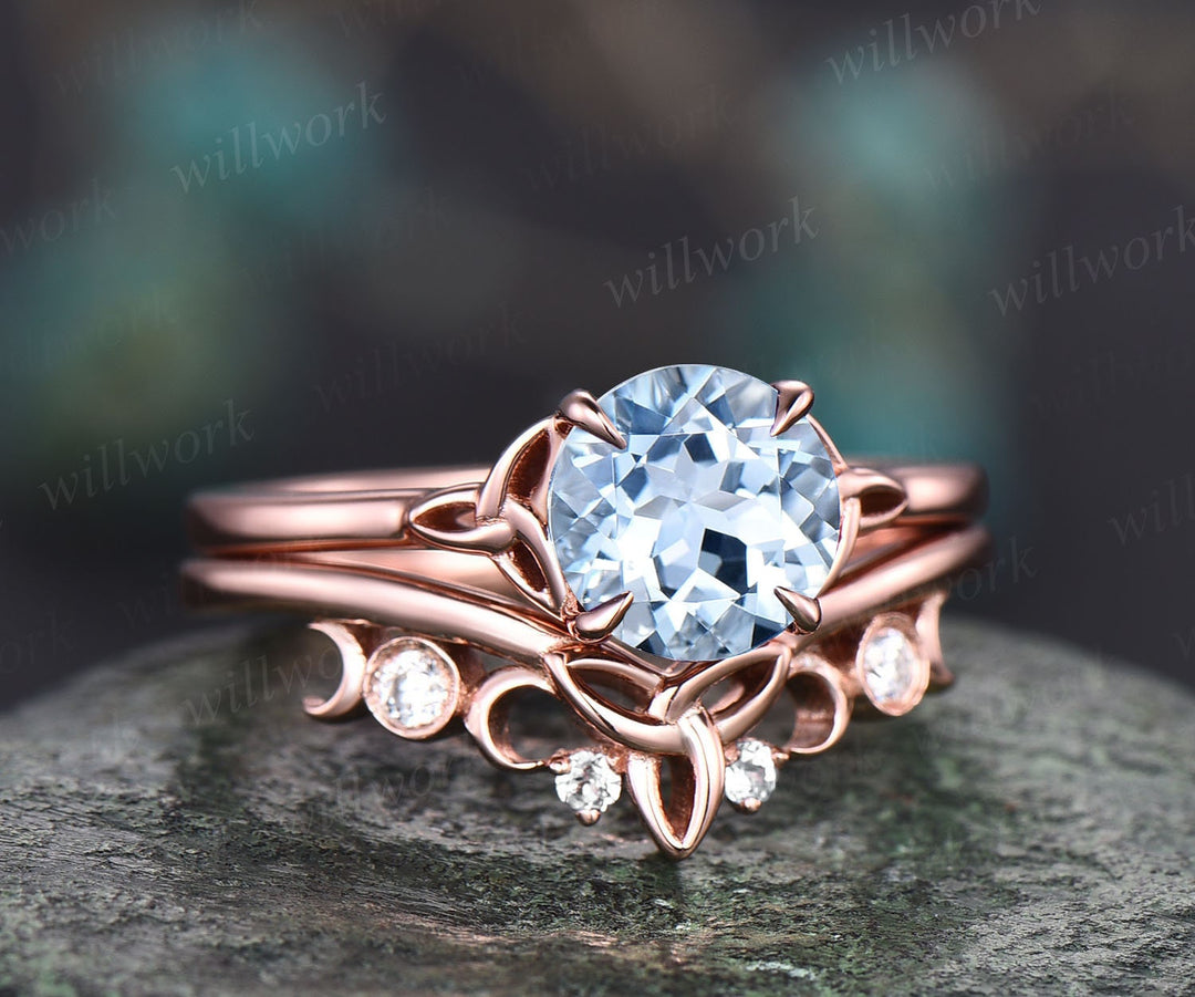 Vintage aquamarine ring set gold silver for women Solitaire aquamarine engagement ring set Norse Viking ring Jewelry March birthstone ring