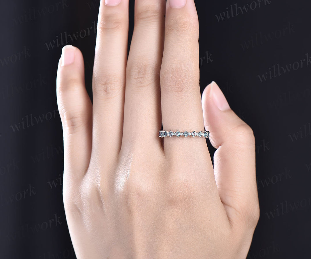 Alexandrite wedding band Vintage diamond ring for women rose gold half eternity diamond wedding ring band unique bridal anniversary ring