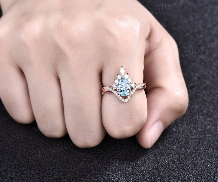 Aquamarine ring set vintage pear shaped aquamarine engagement ring set unique halo rose gold engagement ring women moissanite promise ring