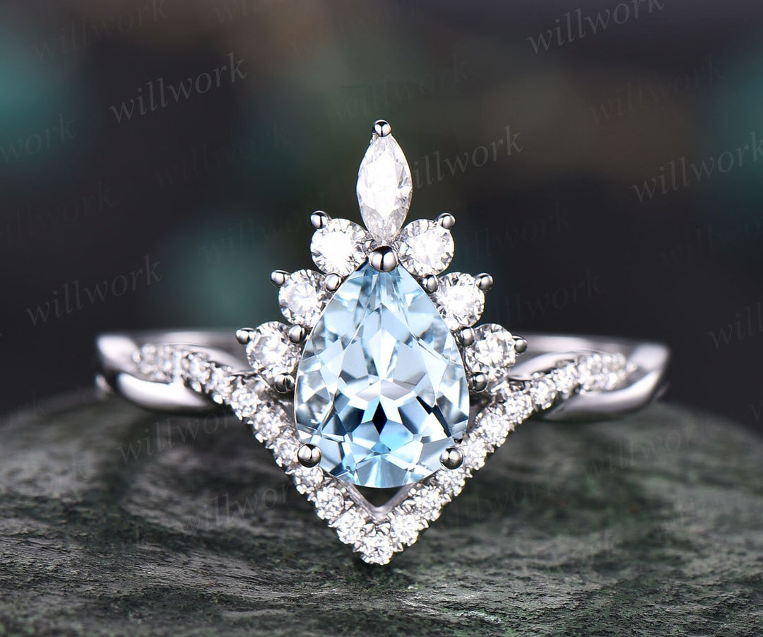 Aquamarine ring set vintage pear shaped aquamarine engagement ring set unique halo rose gold engagement ring women moissanite promise ring