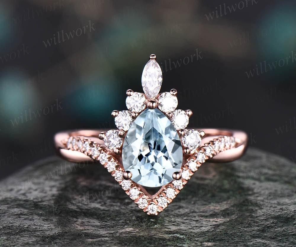 Aquamarine ring set vintage pear shaped aquamarine engagement ring set unique halo rose gold engagement ring women moissanite promise ring