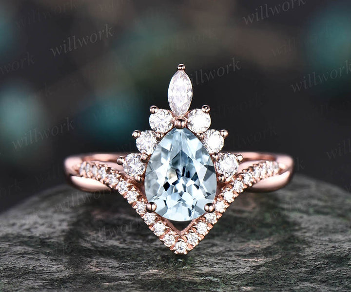 Aquamarine ring set vintage pear shaped aquamarine engagement ring set unique halo rose gold engagement ring women moissanite promise ring