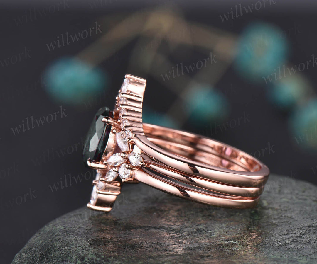 Vintage oval moss agate engagement ring set art deco flower 7 stone marquise moissanite ring set rose gold silver unique promise ring set