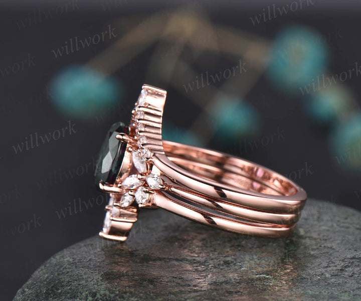 Vintage oval moss agate engagement ring set art deco flower 7 stone marquise moissanite ring set rose gold silver unique promise ring set
