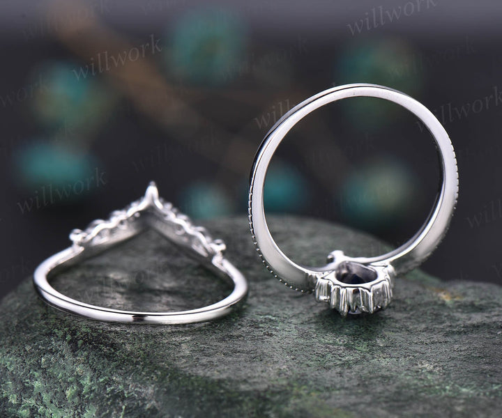 Pear shaped sapphire engagement ring set white gold cluster moissanite unique vintage style engagement ring bridal wedding ring set jewelry