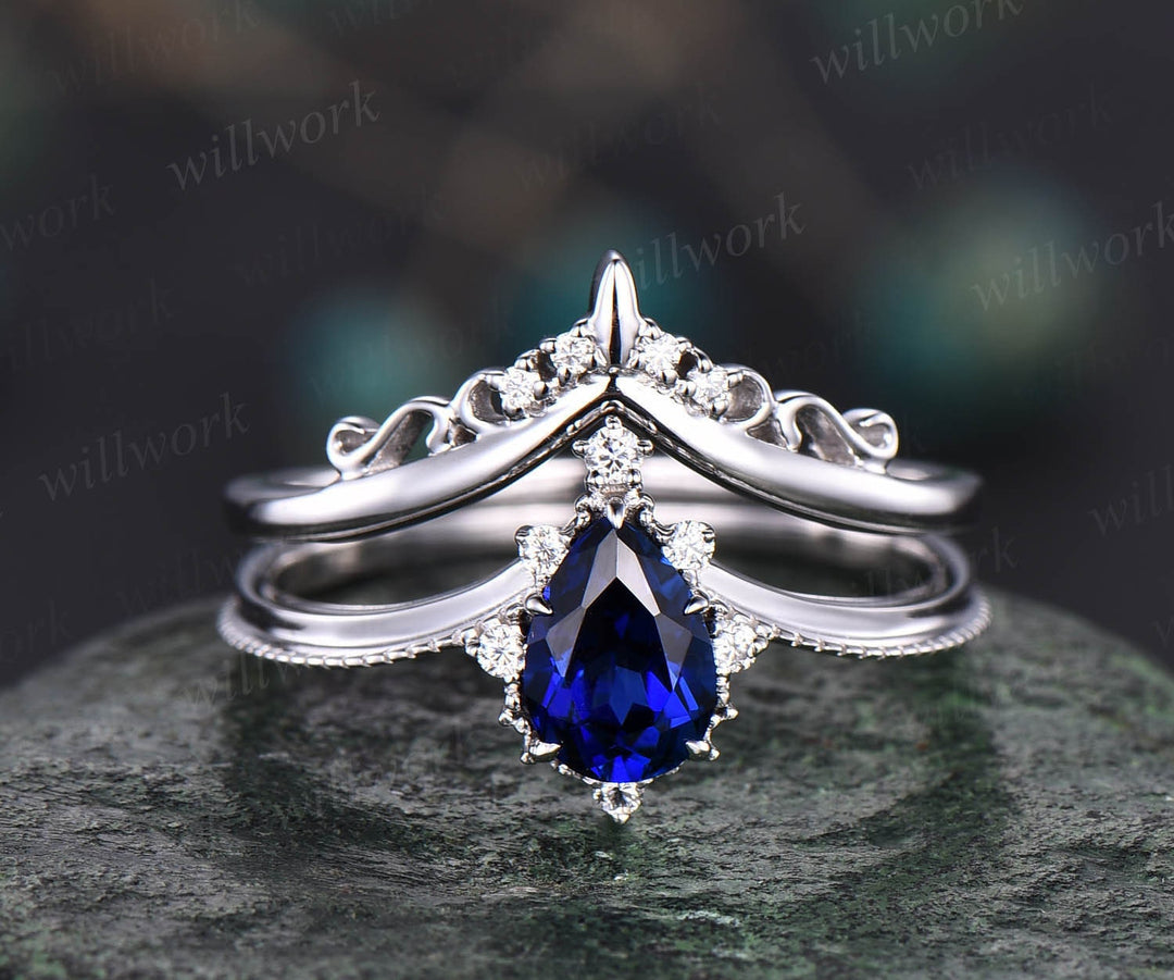Pear shaped sapphire engagement ring set white gold cluster moissanite unique vintage style engagement ring bridal wedding ring set jewelry