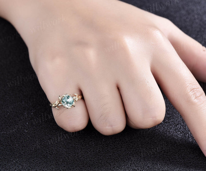 Round cut moss agate ring for women dainty Twig vintage moss agate engagement ring leaf art deco rose gold wedding bridal promise ring gift