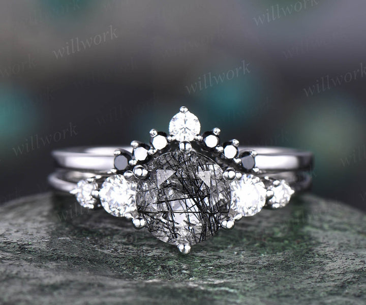 Vintage black rutilated quartz engagement ring set five stone rose gold ring women black diamond ring set stacking ring set promise ring