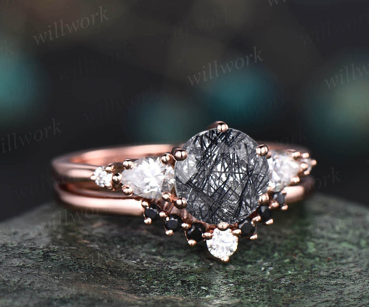 Round cut black rutilated quartz engagement ring set 14k rose gold five stone moissanite ring black diamond ring for women wedding ring set