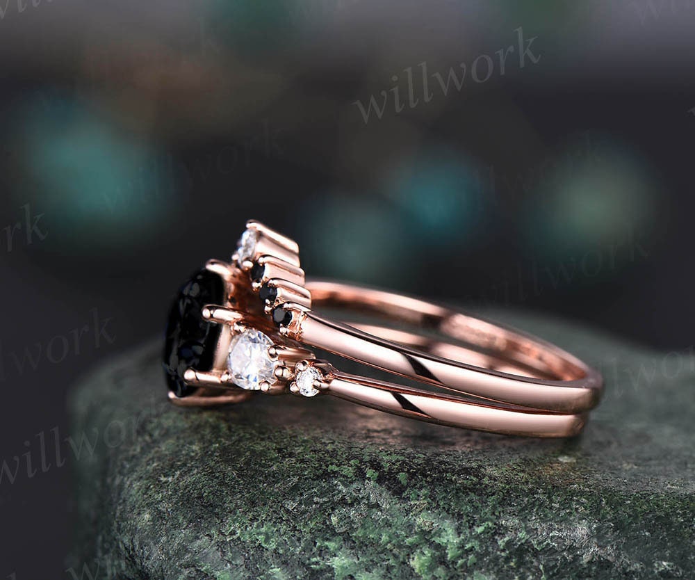 Round cut black rutilated quartz engagement ring set 14k rose gold five stone moissanite ring black diamond ring for women wedding ring set