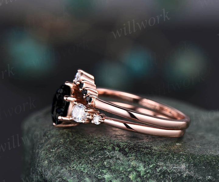 Round cut black rutilated quartz engagement ring set 14k rose gold five stone moissanite ring black diamond ring for women wedding ring set