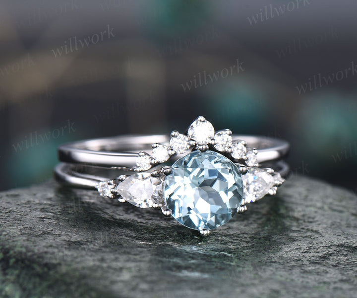 Unique aquamarine wedding ring set vintage aquamarine engagement ring set five stone pear moissanite promise ring set March birthstone ring