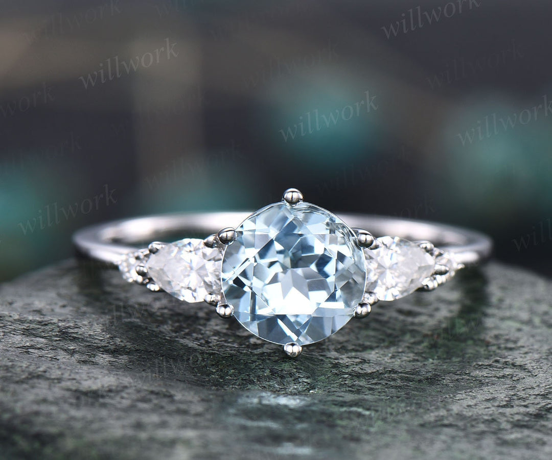 Unique round cut aquamarine engagement ring five stone moissannite ring for women minimalist personalized March birthstone ring gold silver