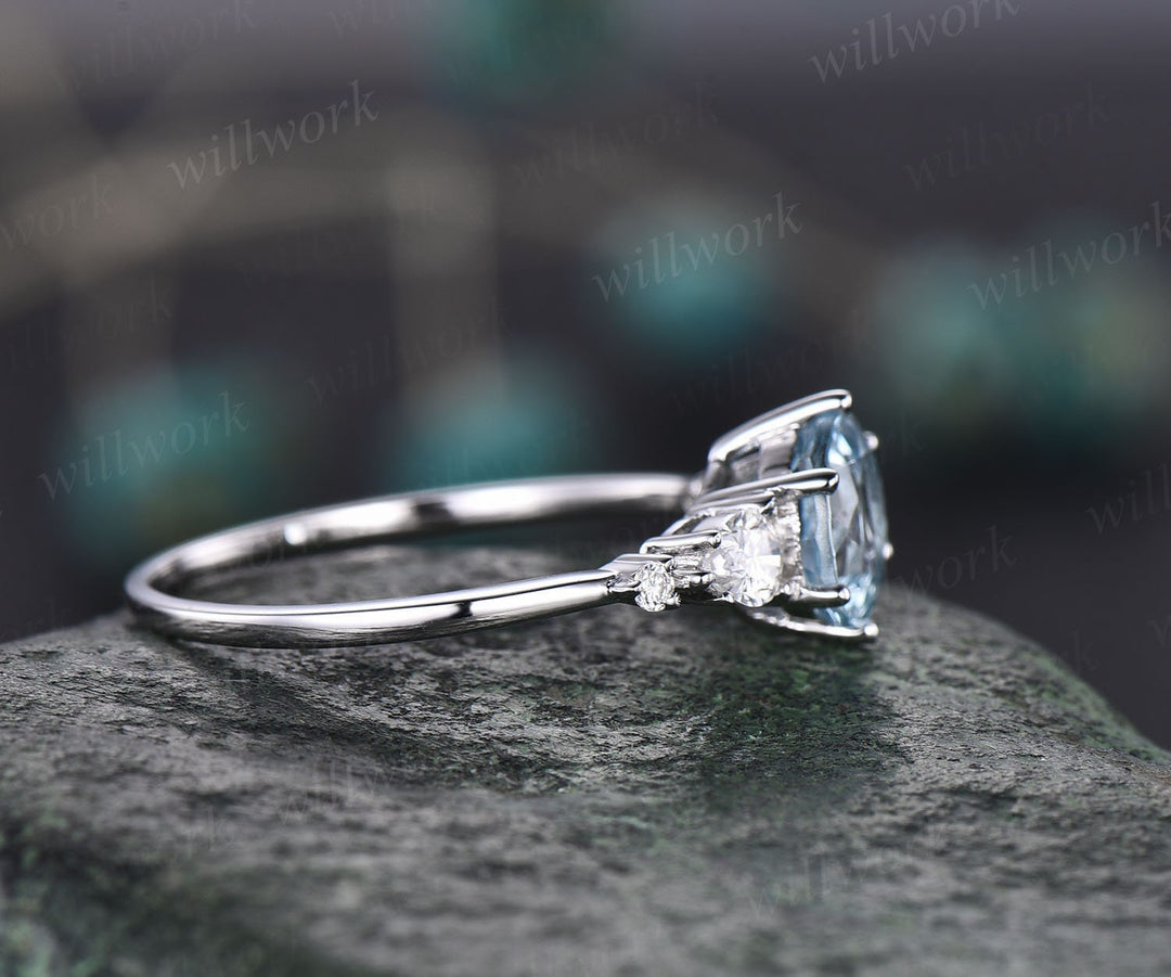 Unique round cut aquamarine engagement ring five stone moissannite ring for women minimalist personalized March birthstone ring gold silver