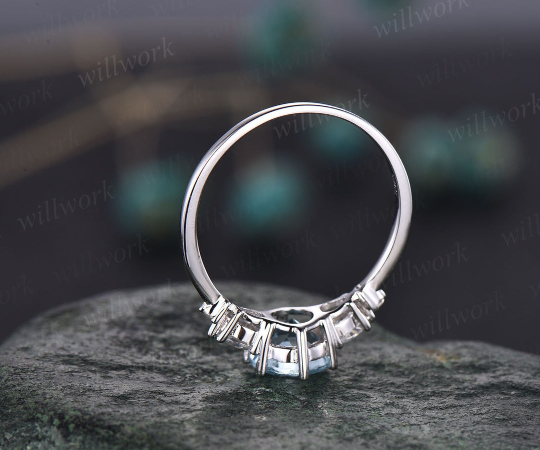 Unique round cut aquamarine engagement ring five stone moissannite ring for women minimalist personalized March birthstone ring gold silver
