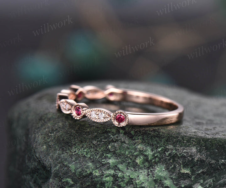Natural ruby wedding band half eternity diamond wedding ring band 14k rose gold art deco marquise milgrain diamond wedding band bridal ring