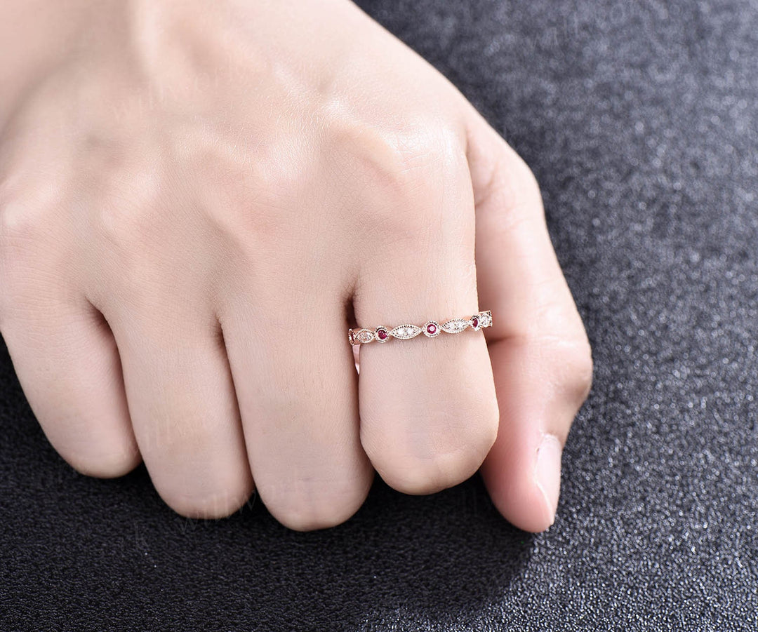 Natural ruby wedding band half eternity diamond wedding ring band 14k rose gold art deco marquise milgrain diamond wedding band bridal ring