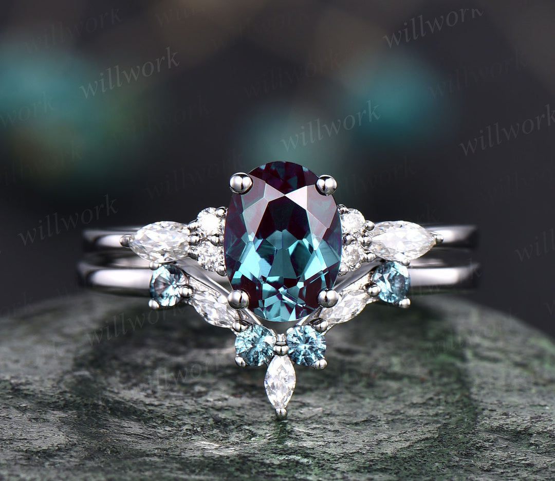 Unique engagement ring set oval cut Alexandrite engagement ring set vintage rose gold ring set cluster marquise ring moissanite ring set