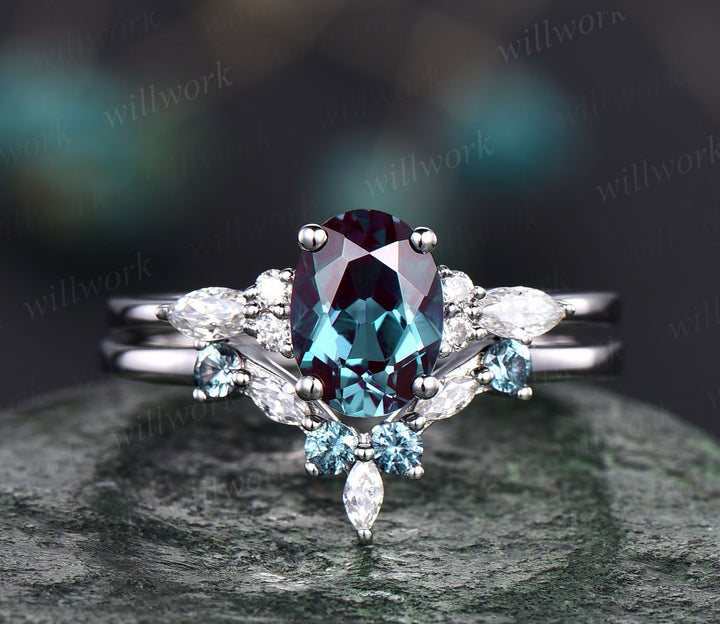 Unique engagement ring set oval cut Alexandrite engagement ring set vintage rose gold ring set cluster marquise ring moissanite ring set