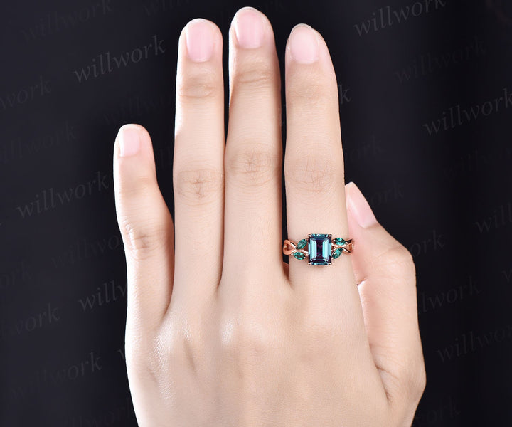 Unique emerald cut Alexandrite engagement ring art deco cluster marquise emerald ring for women 14k rose gold silver infinity twisted ring