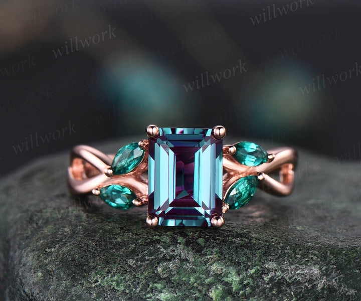 Unique emerald cut Alexandrite engagement ring art deco cluster marquise emerald ring for women 14k rose gold silver infinity twisted ring