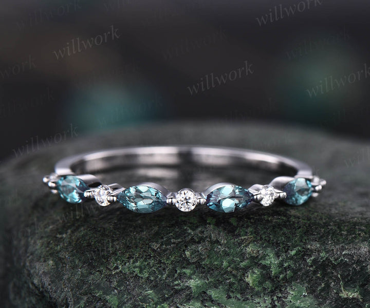 Art deco Alexandrite wedding band vintage diamond wedding ring band rose gold Alexandrite ring women marquise ring setting anniversary gift