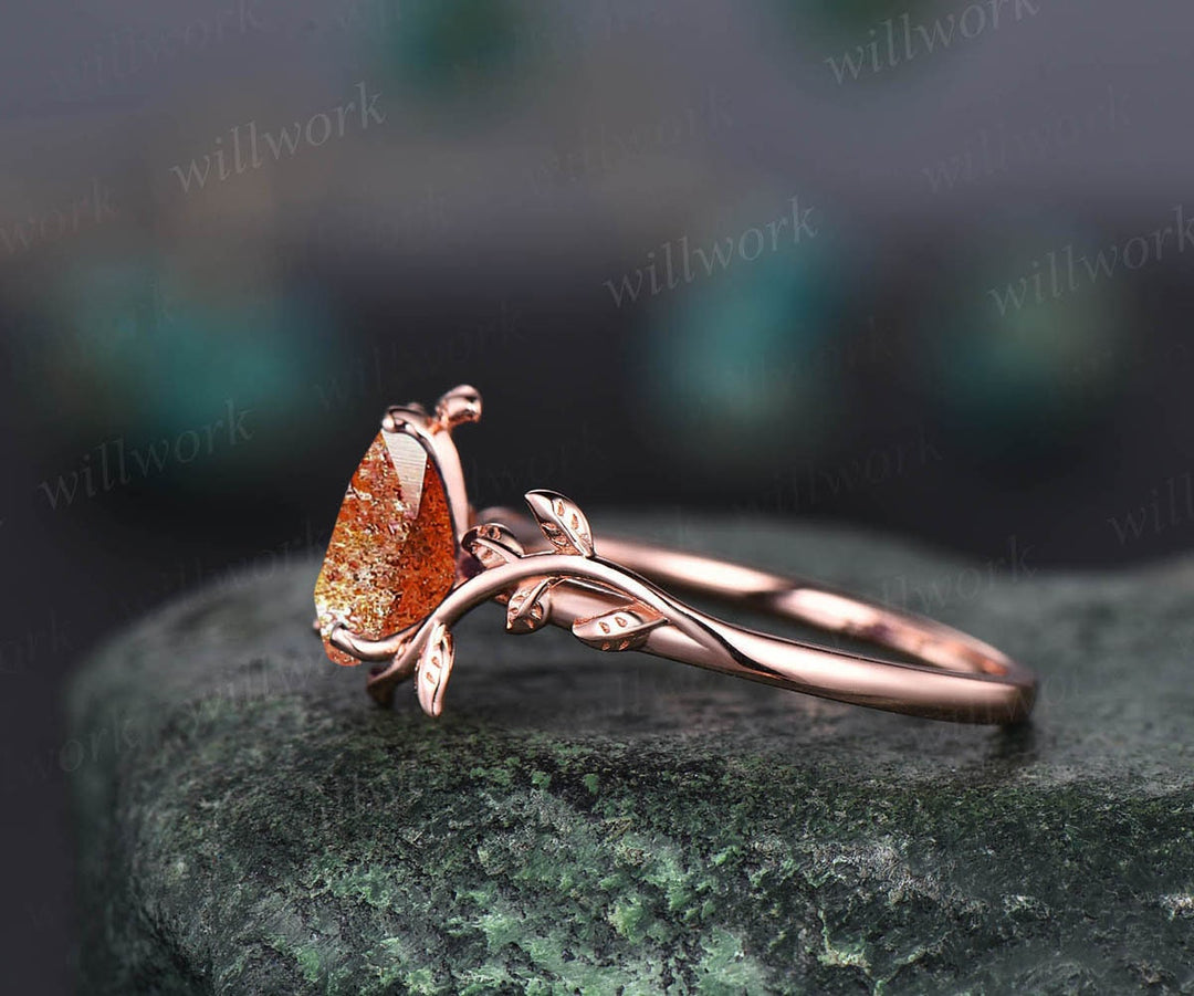 Vintage pear shaped sunstone engagement ring leaf flower art deco unique solitaire rose gold engagement ring anniversary wedding ring women