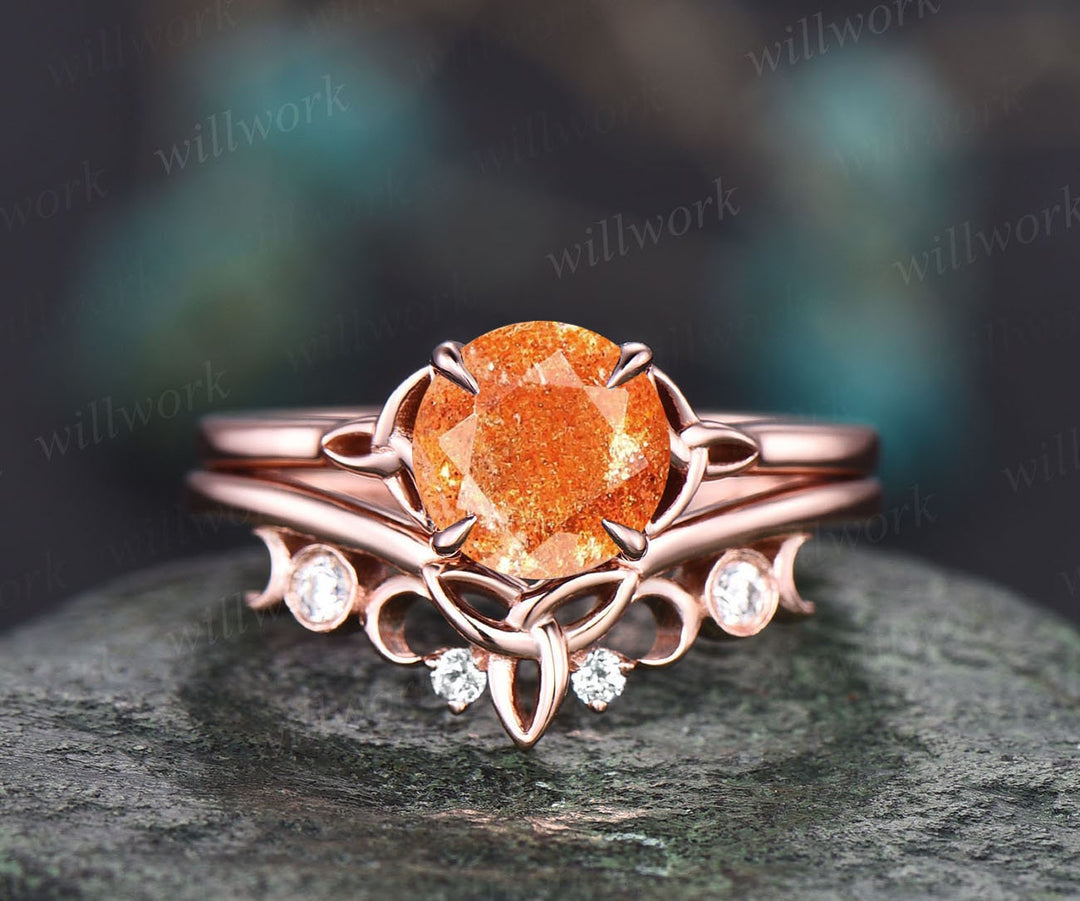 Round sunstone engagement ring set vintage unique solitaire rose gold engagement ring Norse Viking jewelry moissanite wedding ring for women