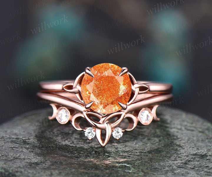 Round sunstone engagement ring set vintage unique solitaire rose gold engagement ring Norse Viking jewelry moissanite wedding ring for women