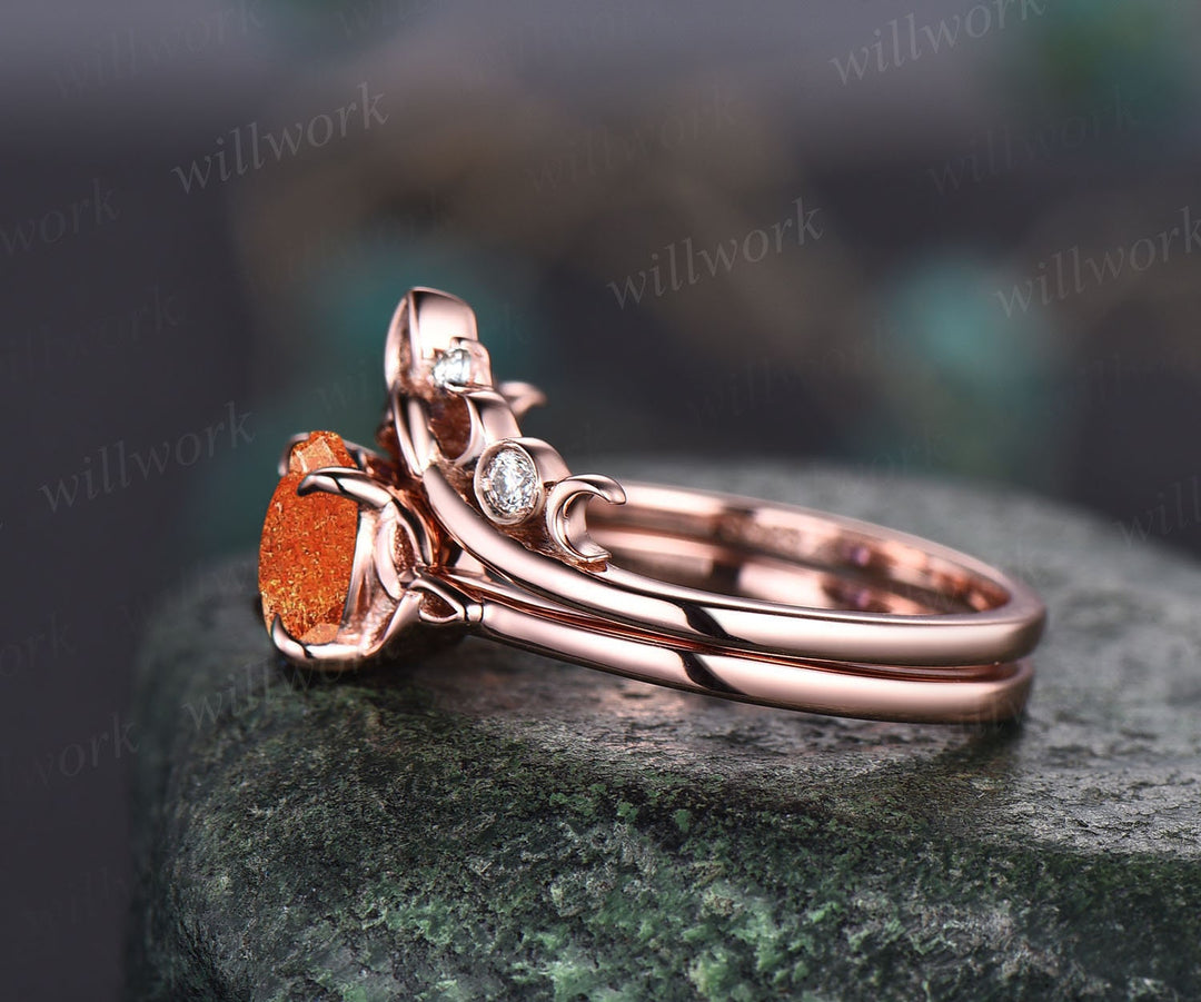 Round sunstone engagement ring set vintage unique solitaire rose gold engagement ring Norse Viking jewelry moissanite wedding ring for women